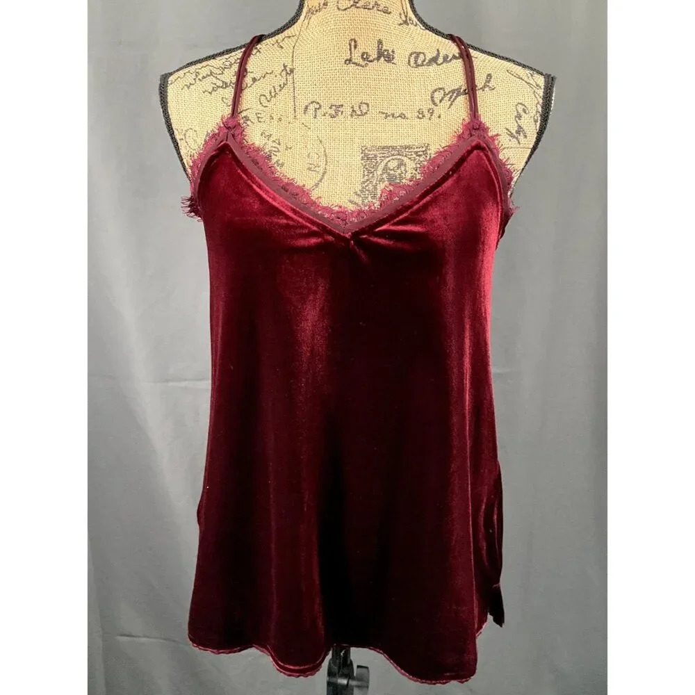 Abercrombie & Fitch Top Women M Wine Velvet Strappy Flowy Frayed V-Neck Camisole